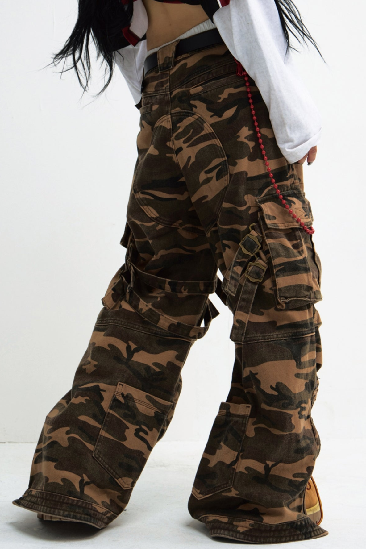 PEOPLESTYLE Army Green Camouflage Tactical Straight Cargo Pant American Retro Vibe Loose Casual Pants