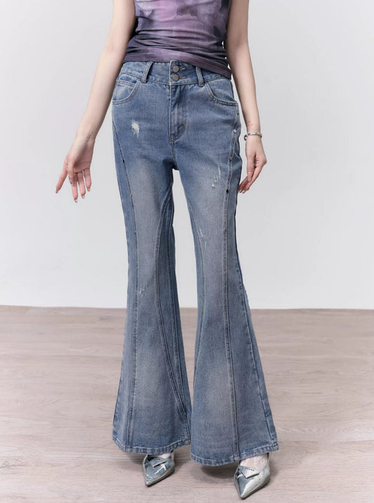 [Spot] zerbrechlich speichern American Vintage Stud Split Jeans gewaschen notleidende dünne ausgestellte Hose