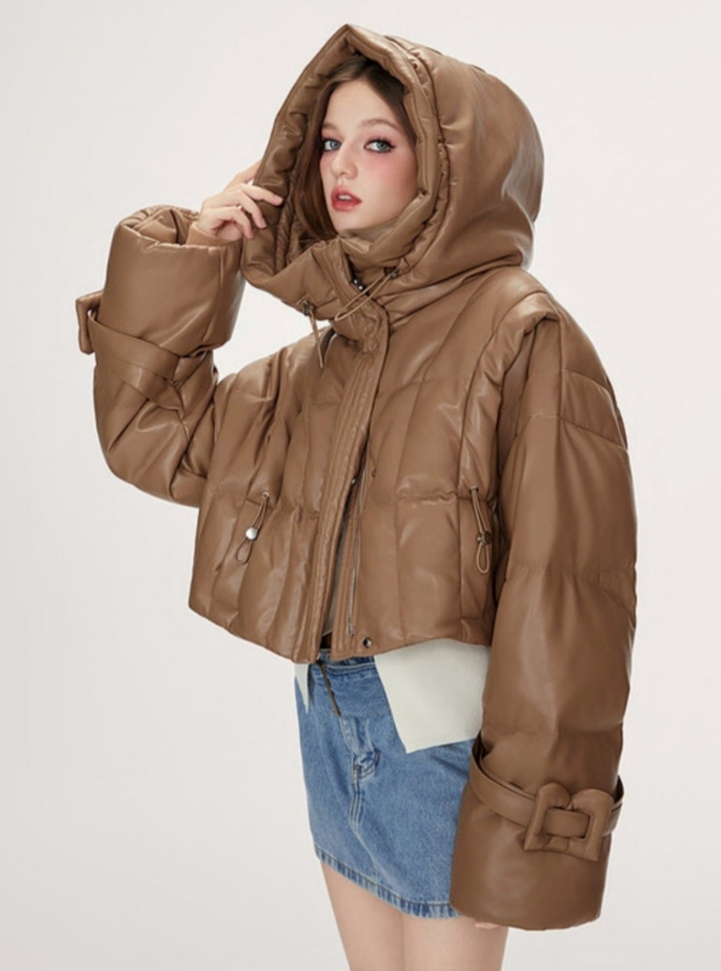 Retro biker style hooded warm leather jacket