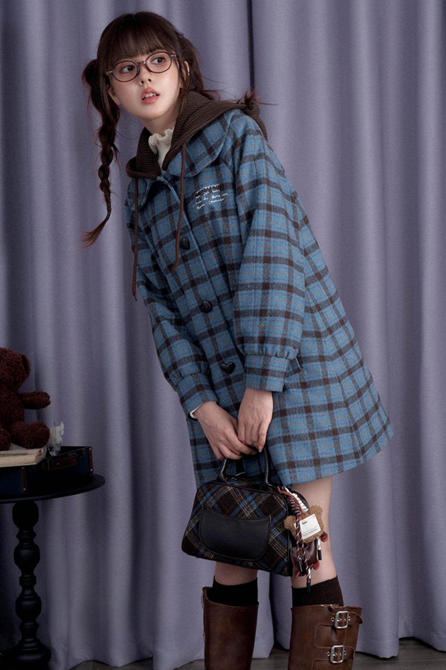 SagiDolls Girl's Fighting Spirit 30% Wool Tweed Cotton Sea Blue Milk Coffee College Style Cosmic Coat with Hood