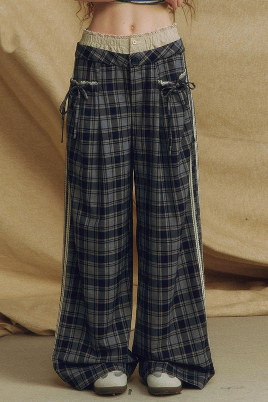 Chic Bow Tie Plaid Wide-Leg Trousers