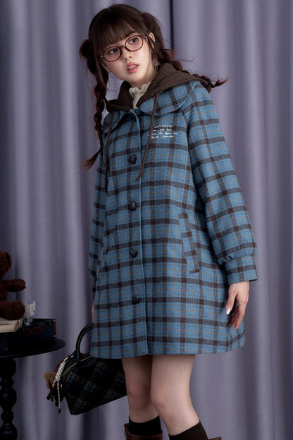 SagiDolls Girl's Fighting Spirit 30% Wool Tweed Cotton Sea Blue Milk Coffee College Style Cosmic Coat with Hood