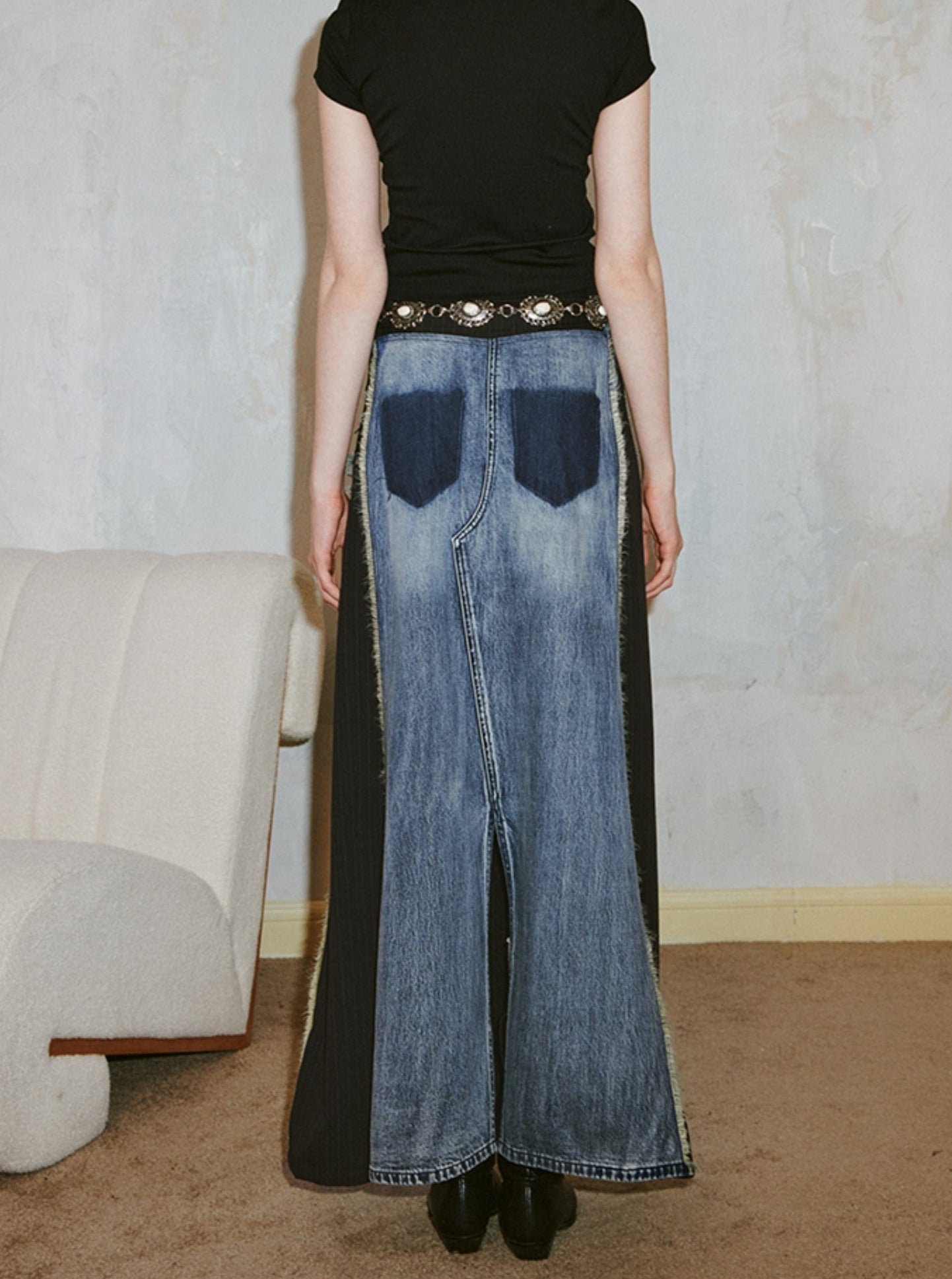 Vintage Distressed Washed Denim Skirt