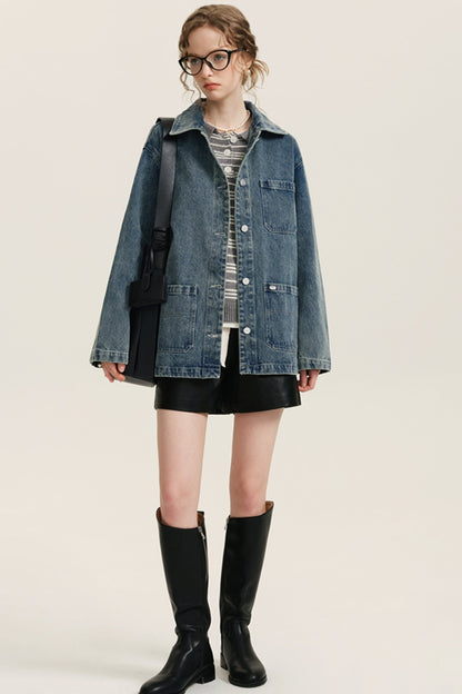 Vintage Washed Denim Cargo Coat