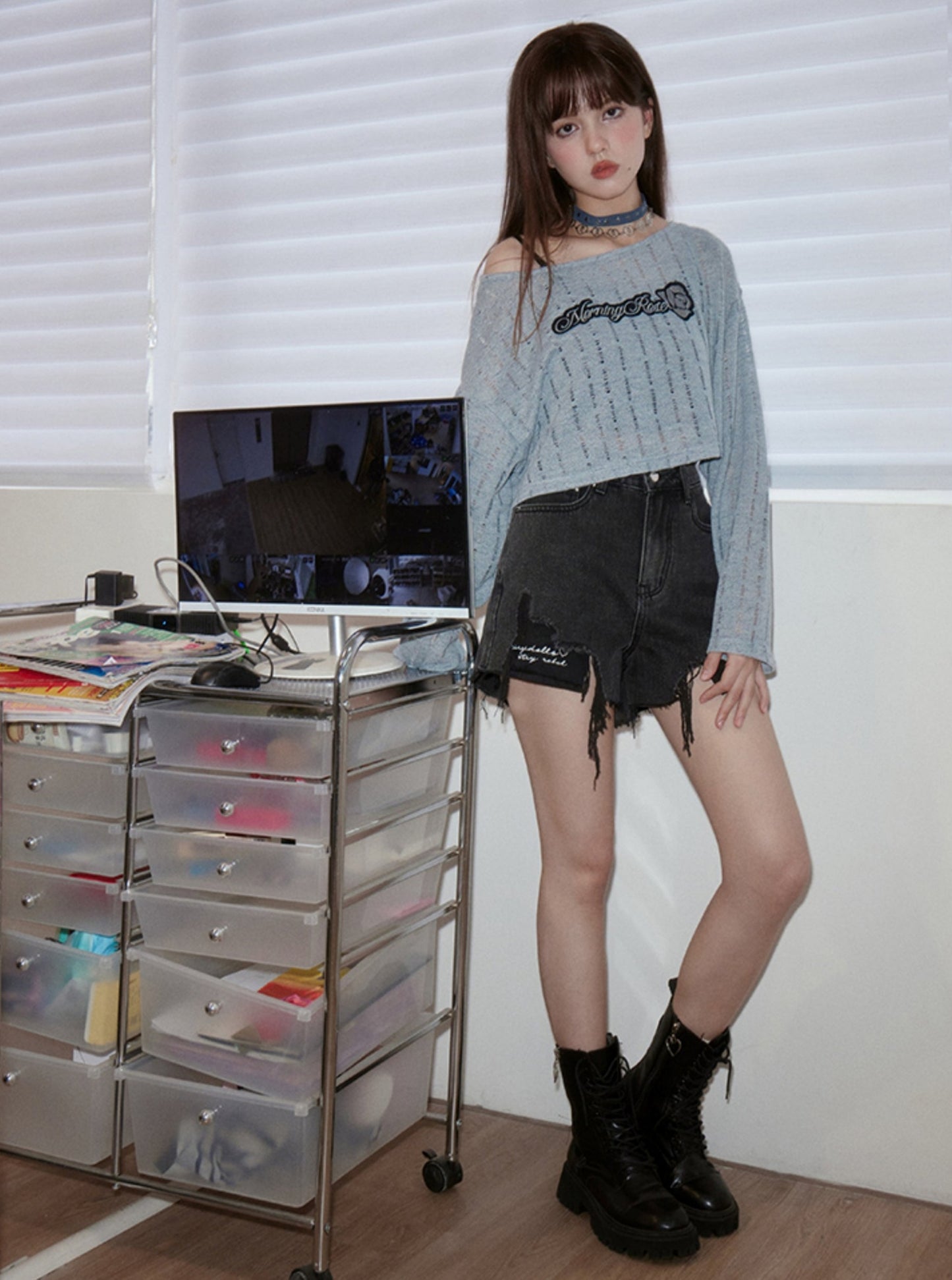 Blue Hollow Knitted Top