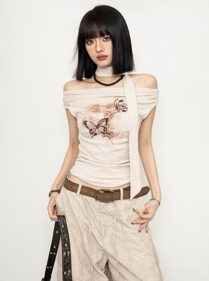 Off-Shoulder Butterfly T-Shirt