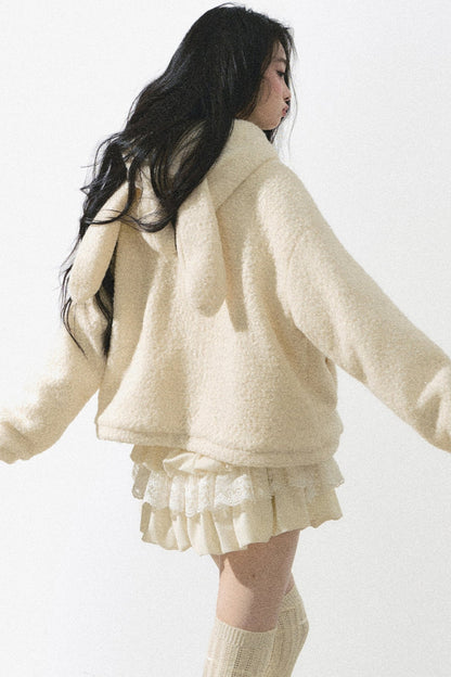 Almond Cream Velvet Hooded Jacket