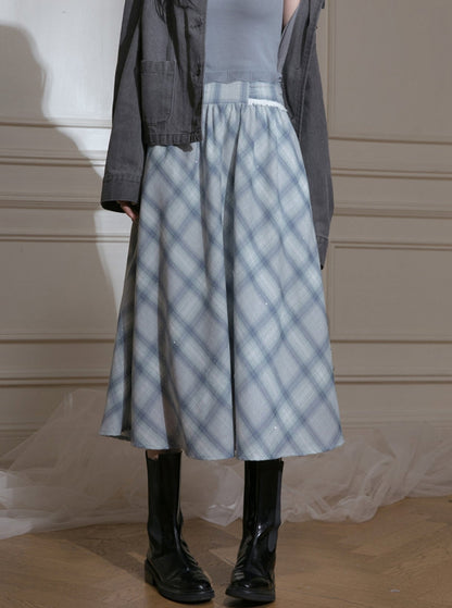 Checkered Chiffon Half Blue Skirt