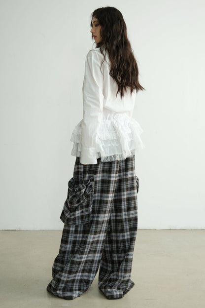 Large Pocket Plaid Wide-Leg Pants