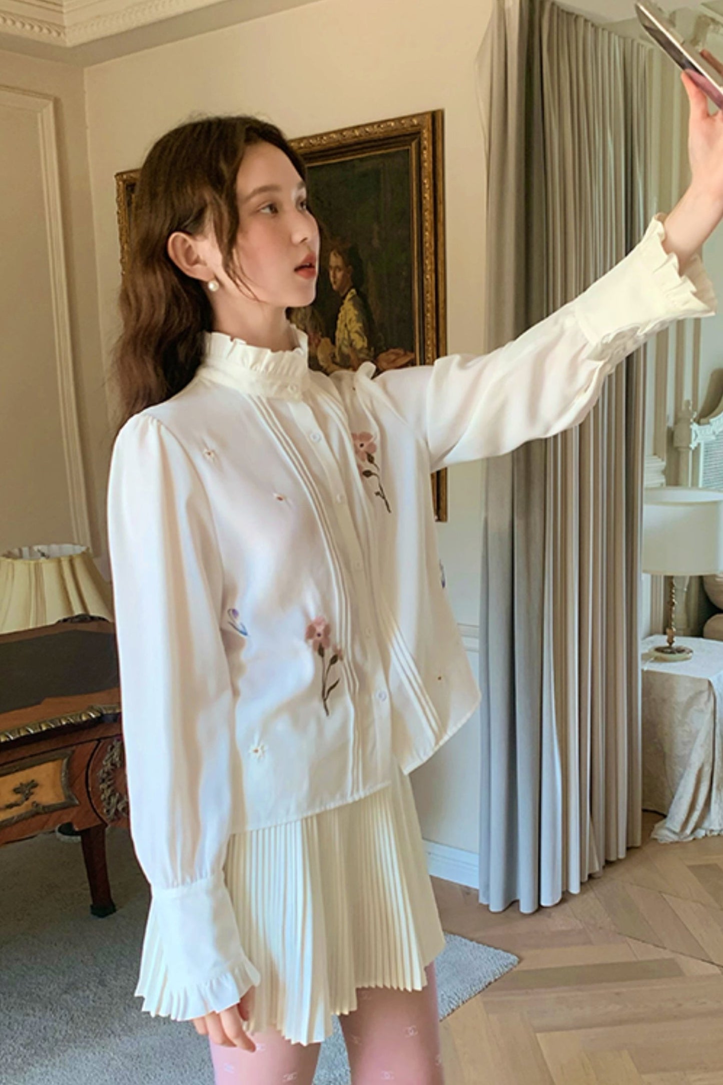 [9.19 20 o'clock new] spring tea peach peach flower long-sleeved shirt cold high-end temperament shirt women