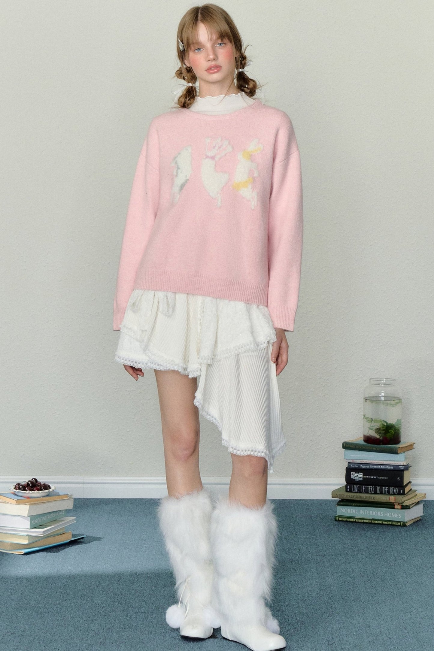 AYF Plush Bunny Sweater Fall/Winter French Vintage Sweet Lazy Loose Crew Neck Pullover Knit Sweater Women