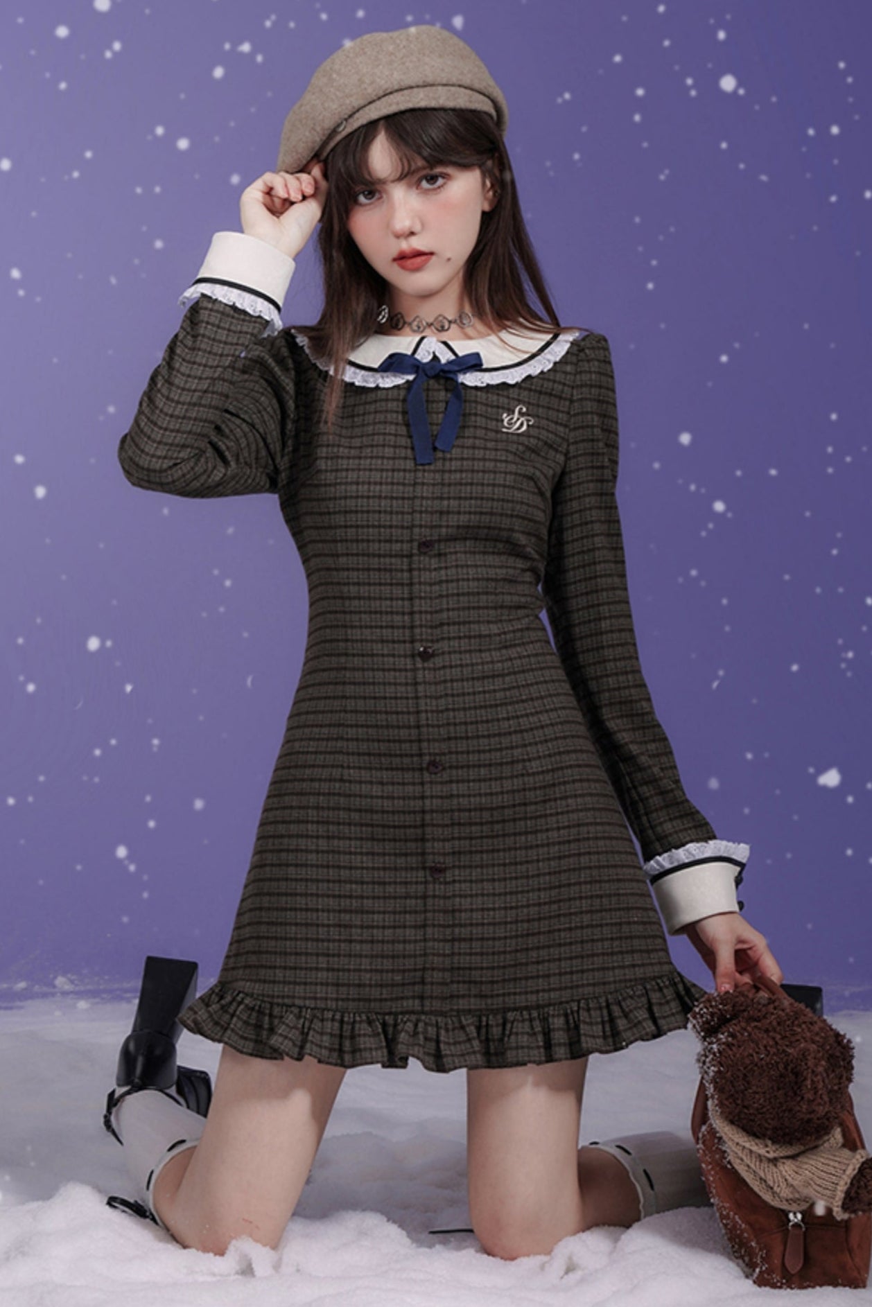 Retro College Style Checkered Slim Fit Dress Set-Up