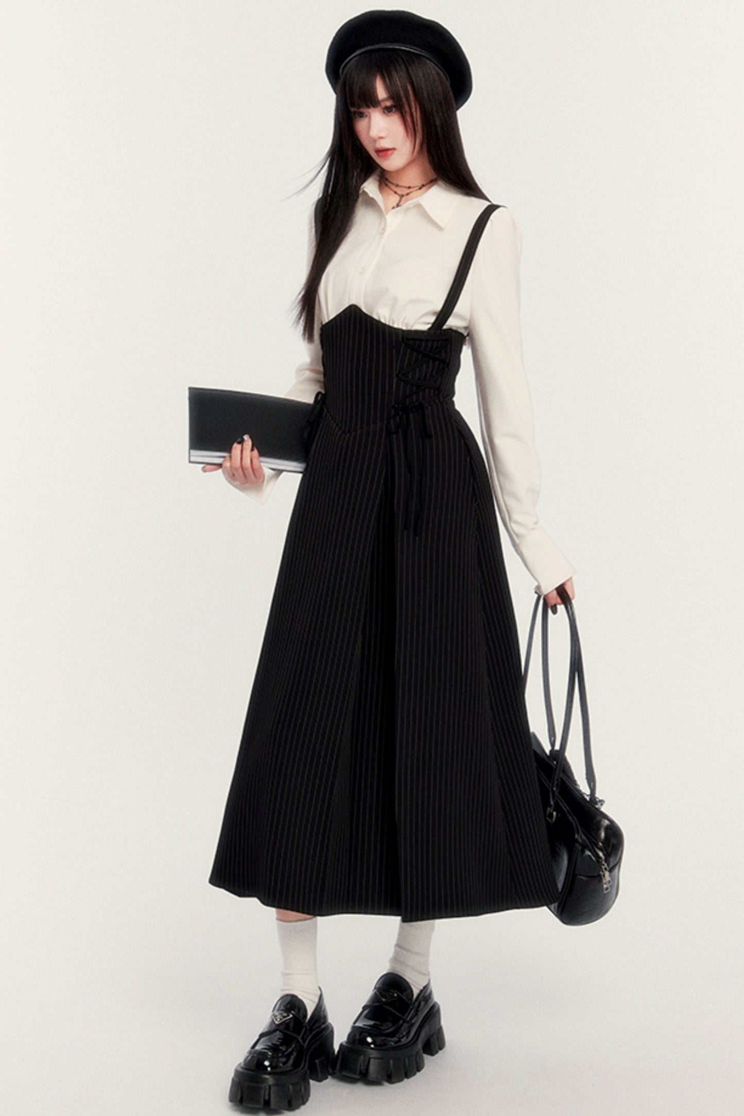 VOCK retro chest strap dress autumn and winter parrot pear co-branded waist pleated maxi skirt herringbone waist seal