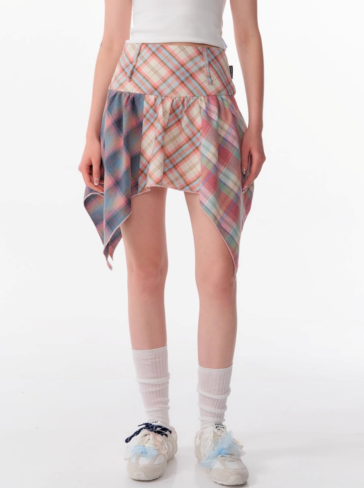 Contrast Stitching Pink Plaid Skirt