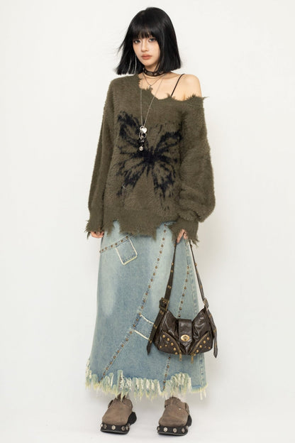 Frayed Sweater Butterfly Print Top