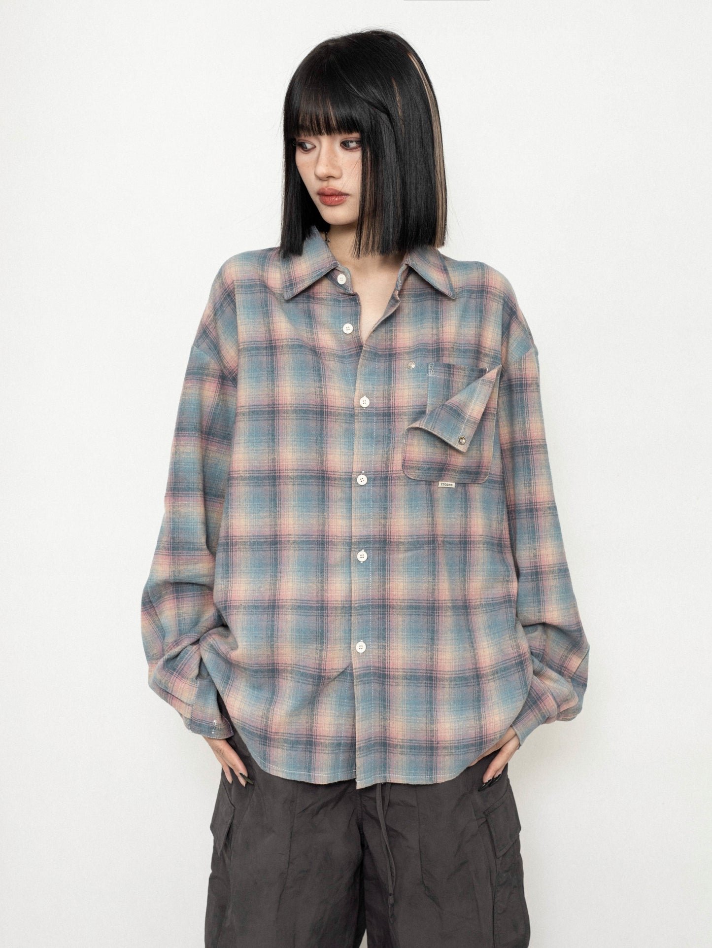 Plaid Color-Blocking Long-Sleeve Shirt