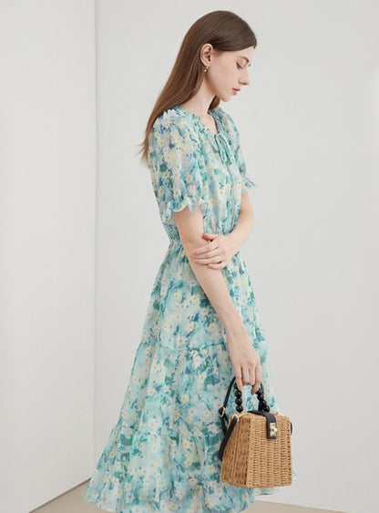 Pressed Pleats Gentle A-Line Floral Dress