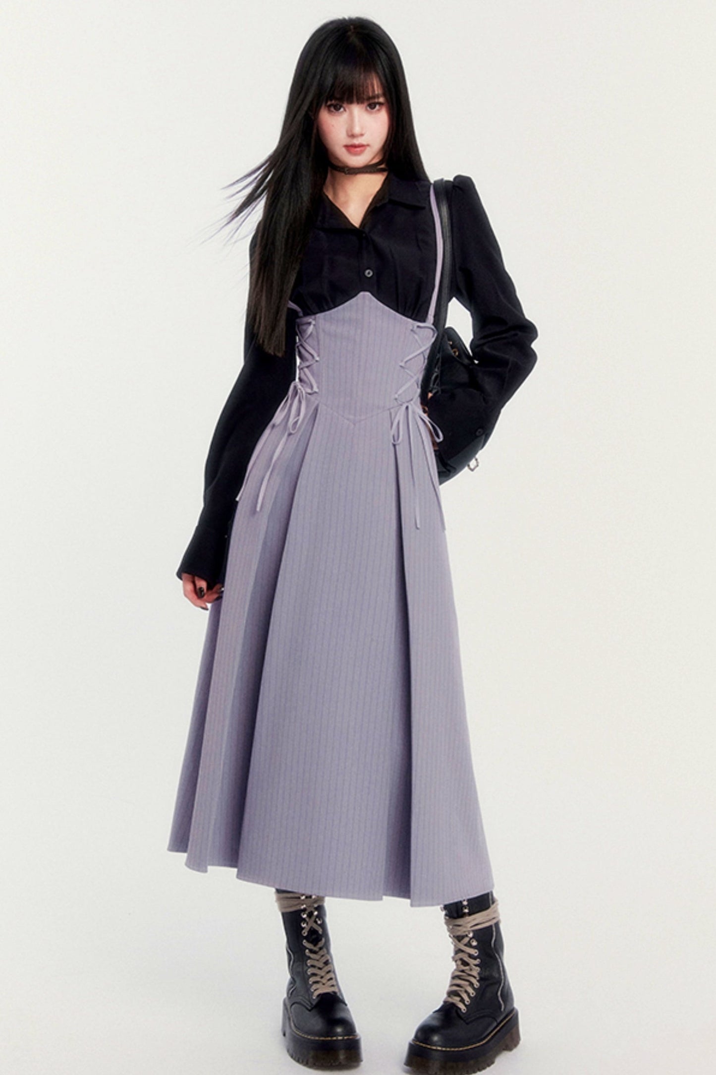 VOCK retro chest strap dress autumn and winter parrot pear co-branded waist pleated maxi skirt herringbone waist seal