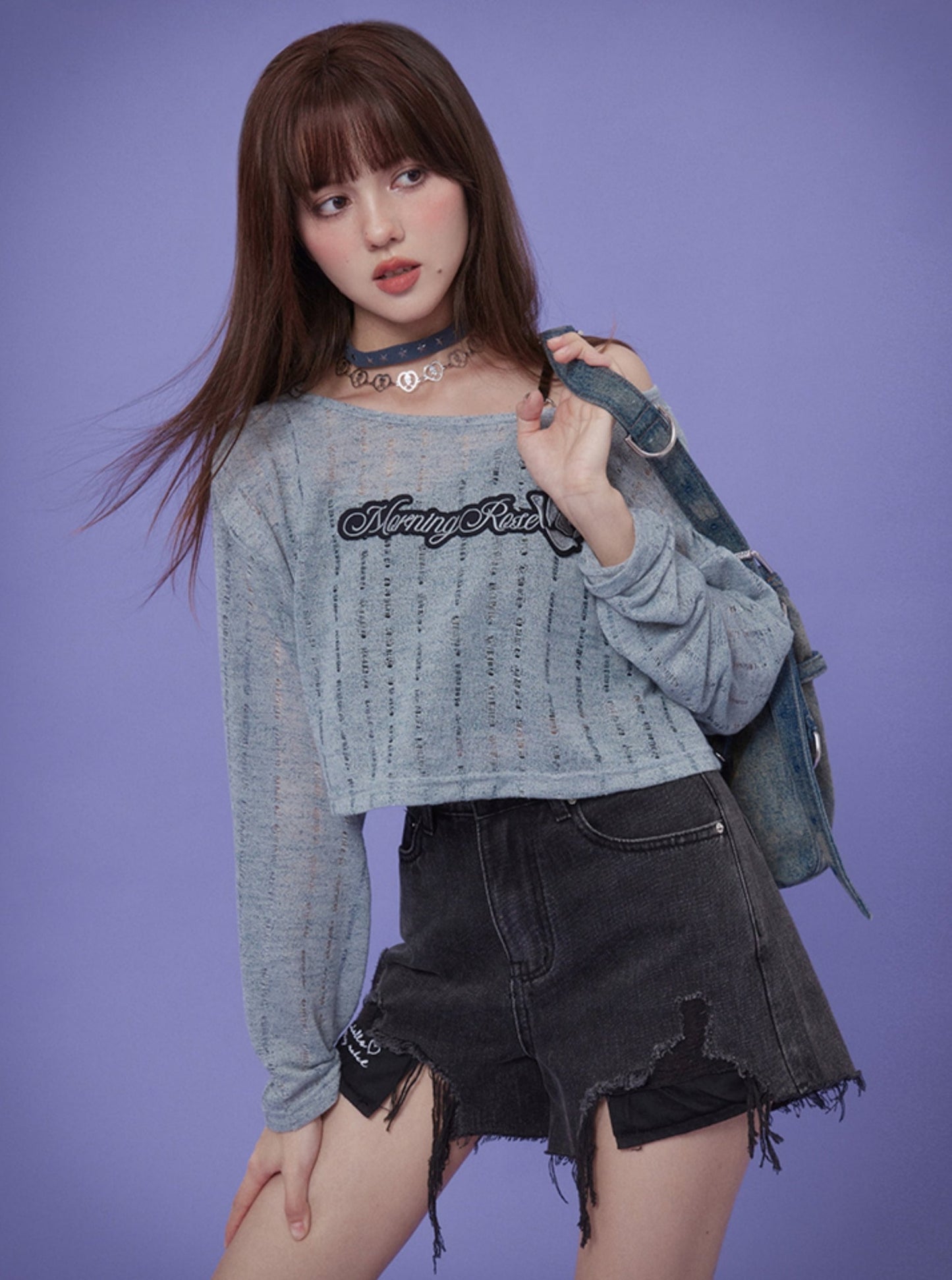 Blue Hollow Knitted Top