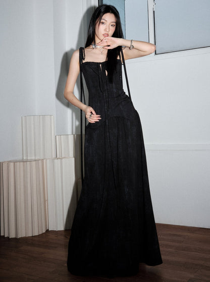 Dark Elegant Hollow Tie Maxi Dress