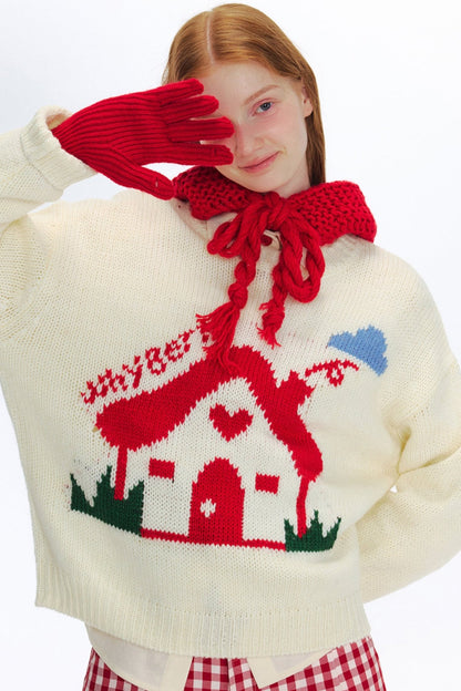 WhyBerry 24AW "Fairy Tale House" Cute Loose Little House Pullover Einfache Rundhalsausschnitt Lazy Style