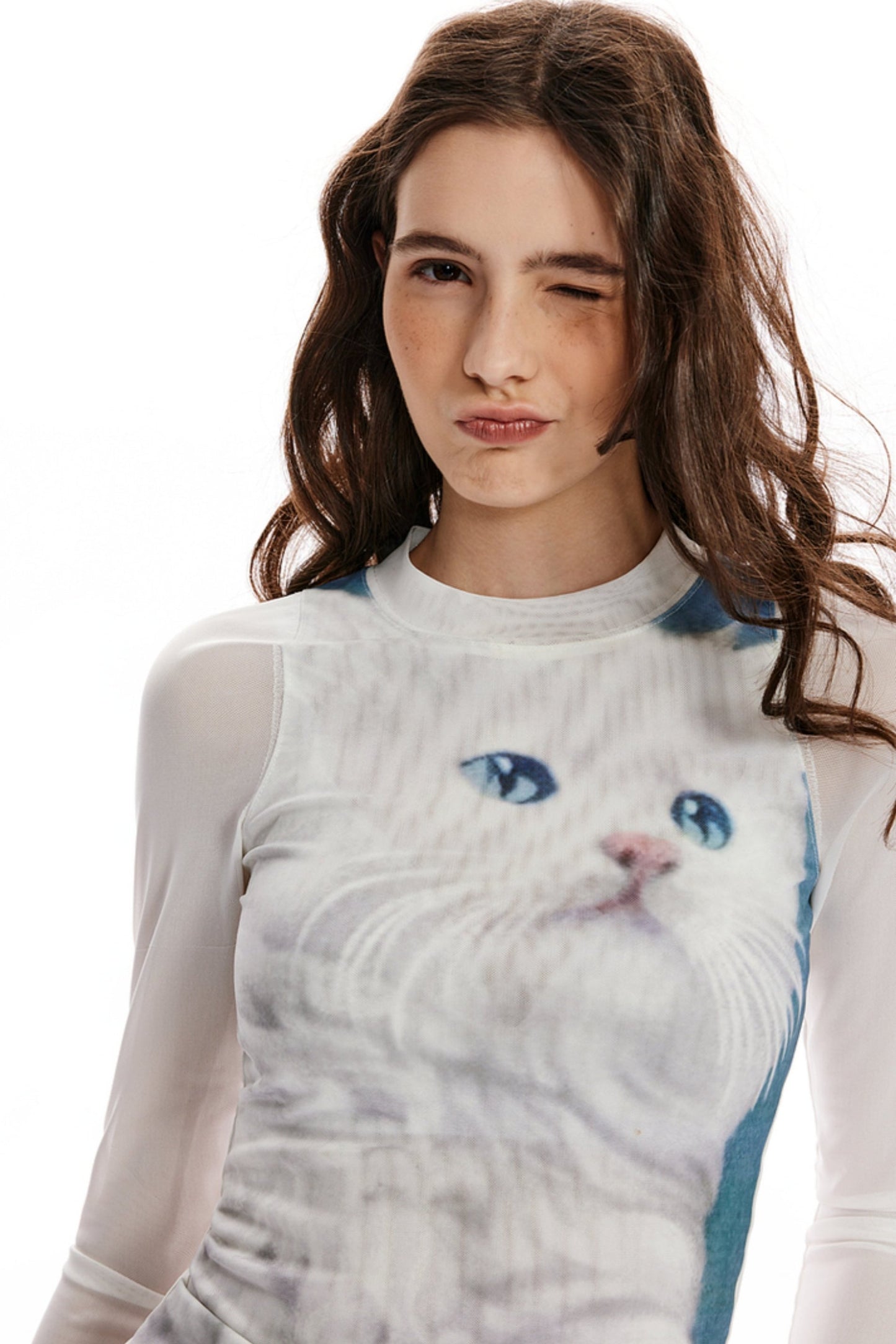 Cat Print Mesh Cropped T-Shirt