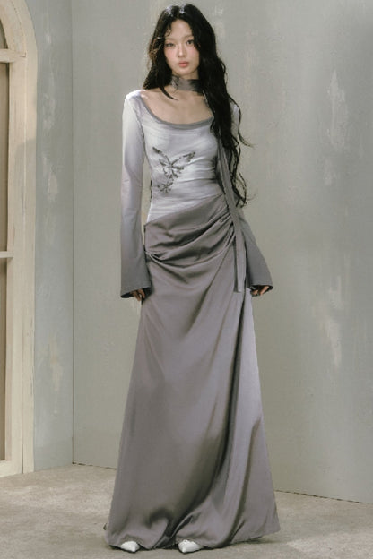 Gray Long Sleeve Butterfly Dress