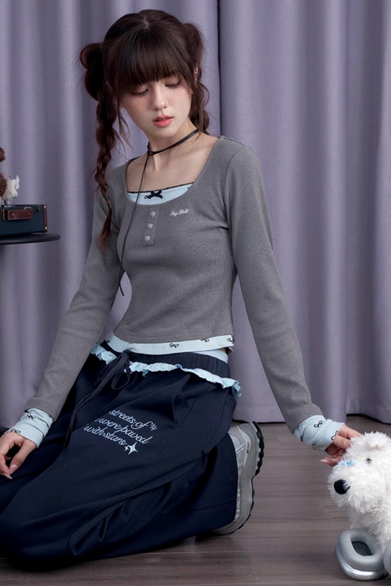 SagiDolls Girl's fighting spirit is sweet and versatile, gray and blue bow fake two long-sleeved T-shirts, slim and cute