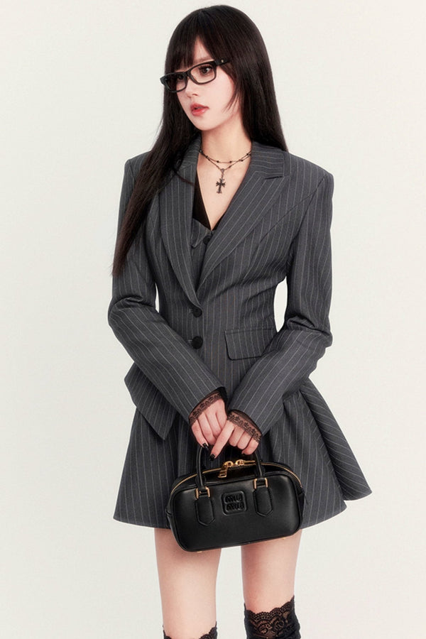 스트라이프 색상 블록 셔츠 드레스 세트 