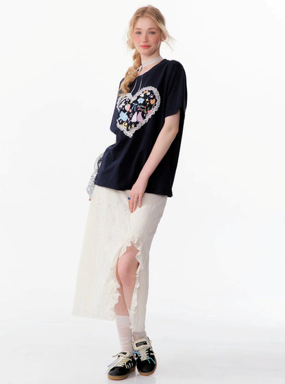High-Waisted Ruffle Lace Midi Skirt