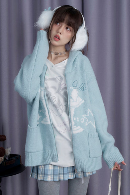 SagiDolls Girl's Fighting Spirit Winter Visitor Fairy Tale Jacquard Lake Blue Hooded Sweater Appears White Loose and Versatile