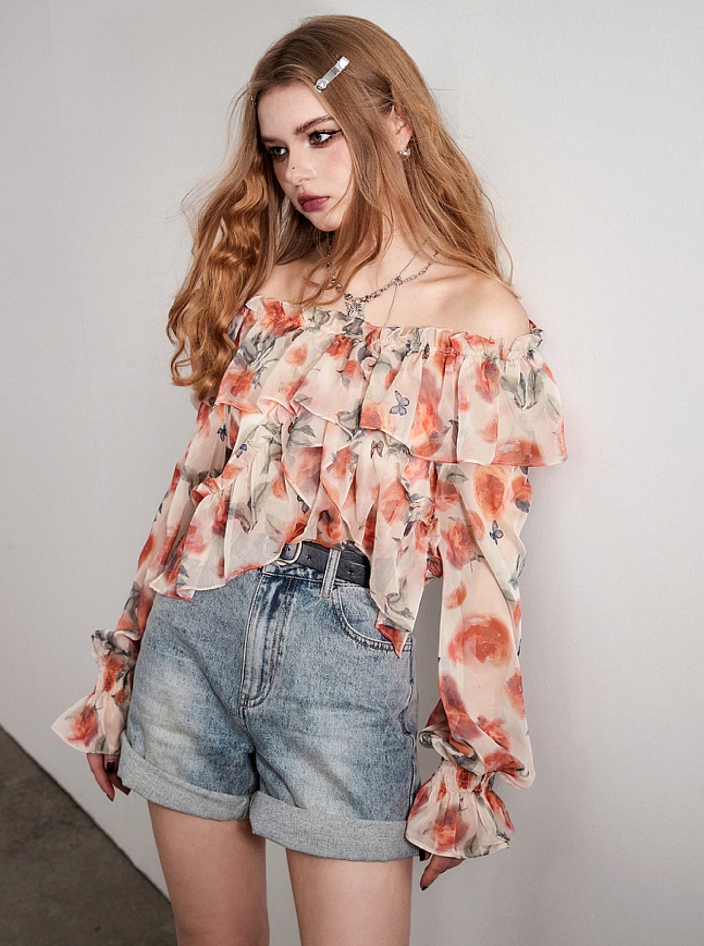 One-Shoulder Floral Chiffon Tea Break Top