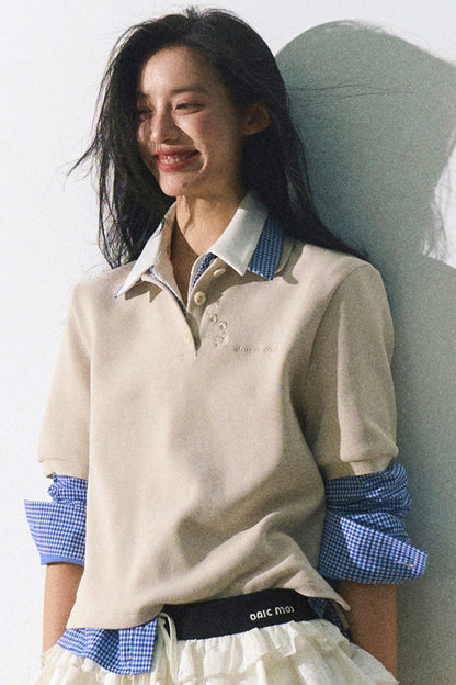 Embroidered Fake Two-Layer Shirt