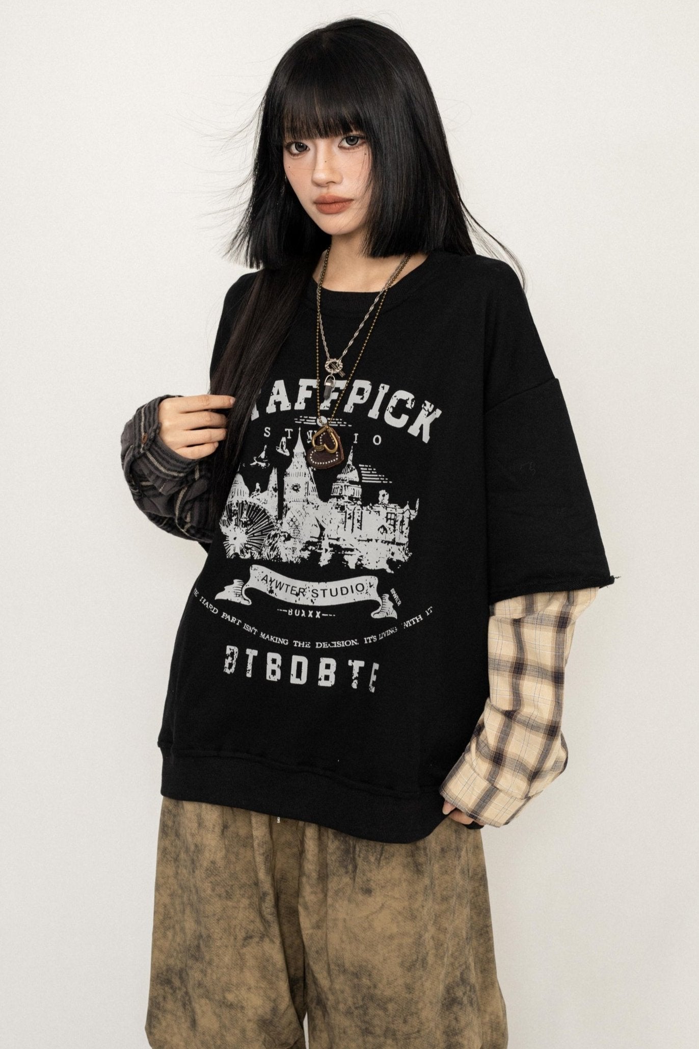 American Vintage Plaid Stitched Long Sleeve T-Shirt