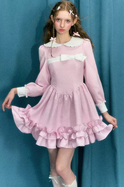 Pink Check Puff Sleeve Princess Dress