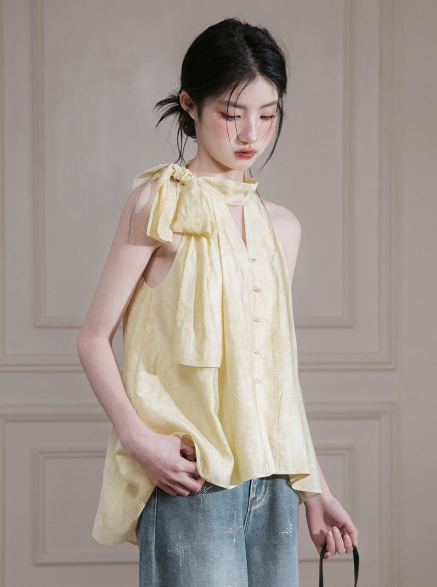 Yellow Lyocell Halterneck Shirt Shorts Set-Up