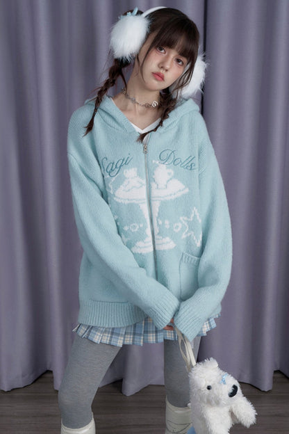 SagiDolls Girl's Fighting Spirit Winter Visitor Fairy Tale Jacquard Lake Blue Hooded Sweater Appears White Loose and Versatile