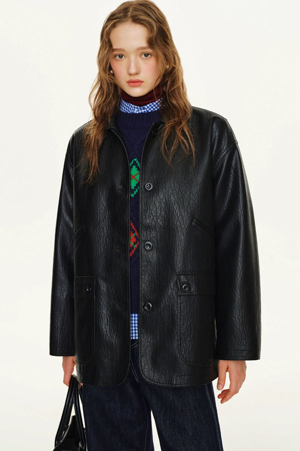 Texturierte PU-Leder-Reversjacke 