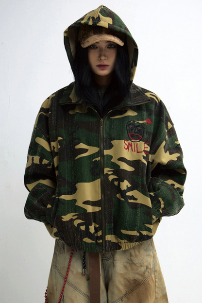 Punk Camouflage Tree Scratch Hooded Jacket