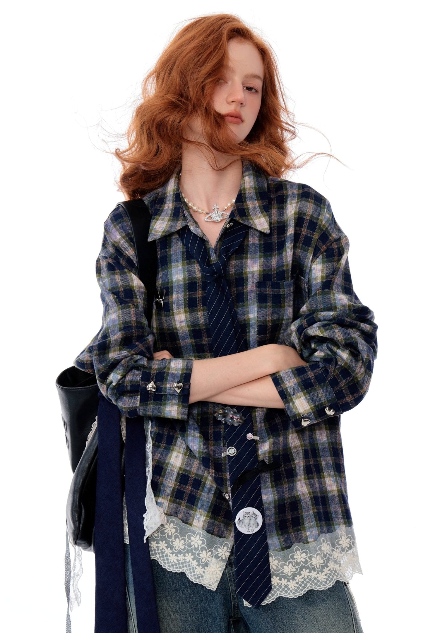 Blue Plaid Lace Stitch Loose Shirt