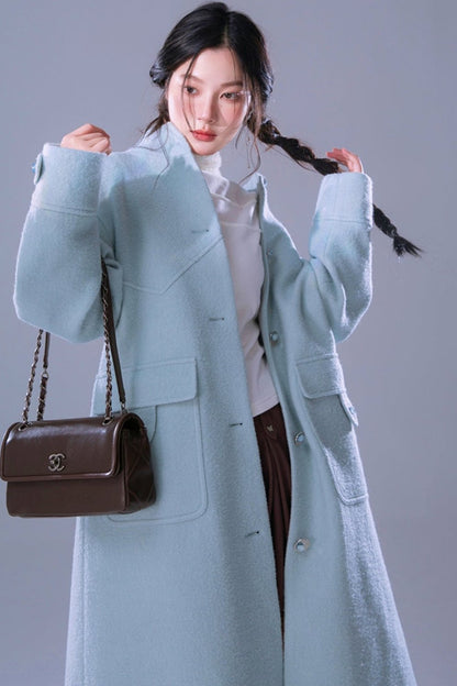 Blue Waxy Wool Long Coat