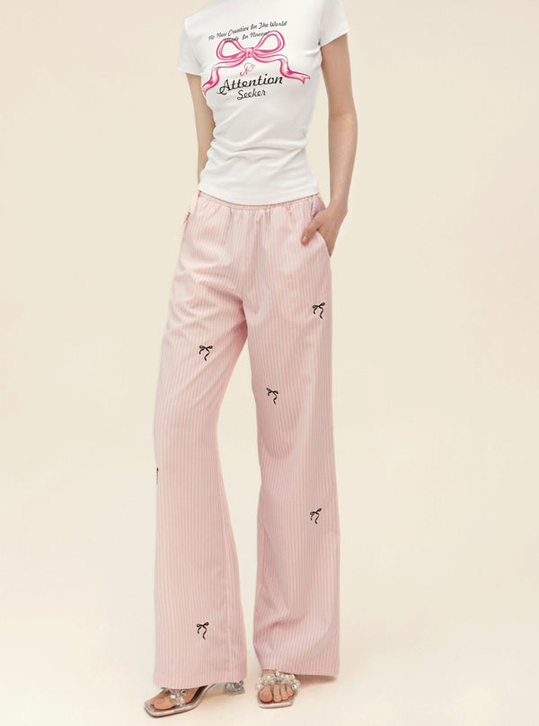 T-Shirt With Bow Embroidery Wide Leg Pants Set