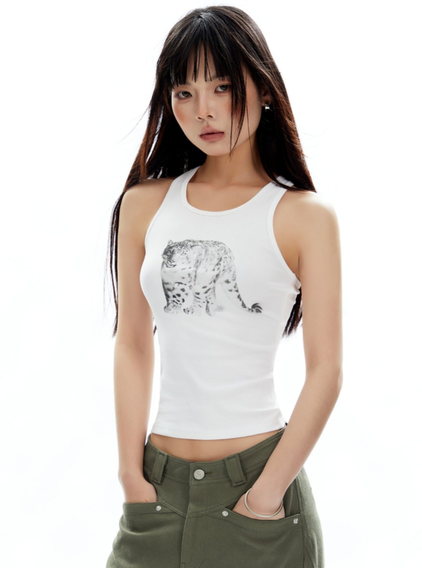 Realistic Style White Ink Printed Racer Top