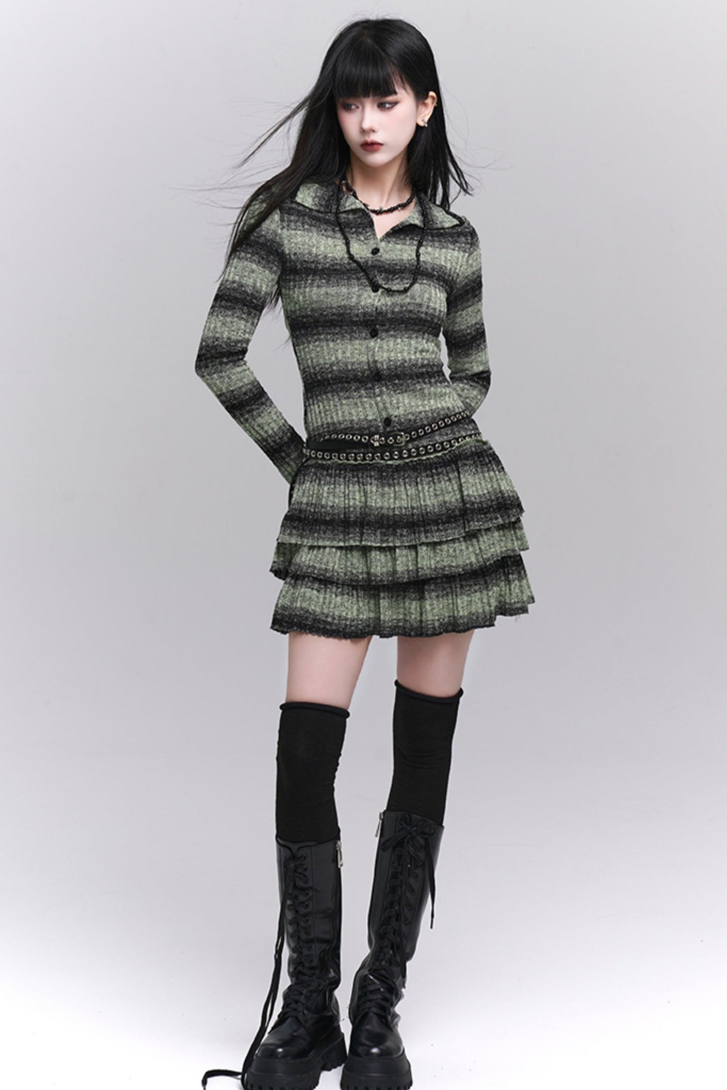 Early Autumn Thin Green Striped Knit Dress