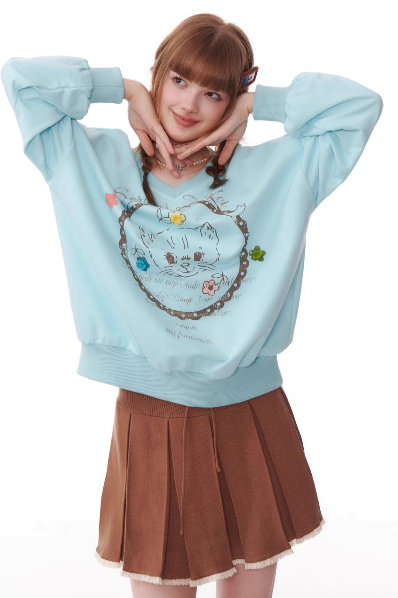 Cat Print Drawstring Loose Sweatshirt