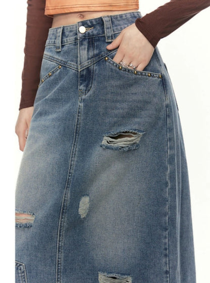 Distressed ripped denim skirt