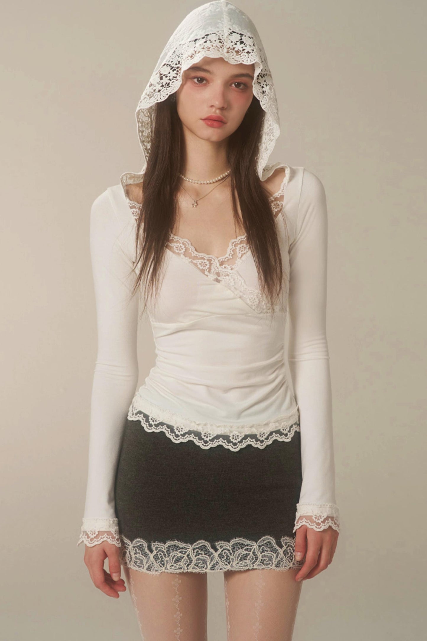 White Lace Hooded Base Top