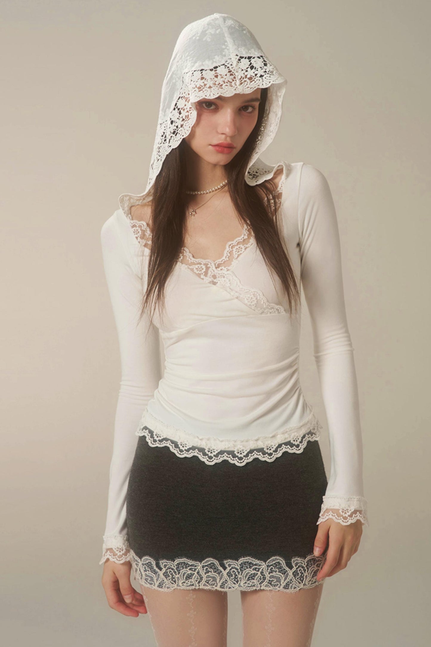 White Lace Hooded Base Top