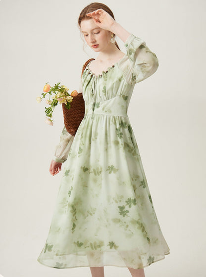 French Temperament Mint Floral Dress