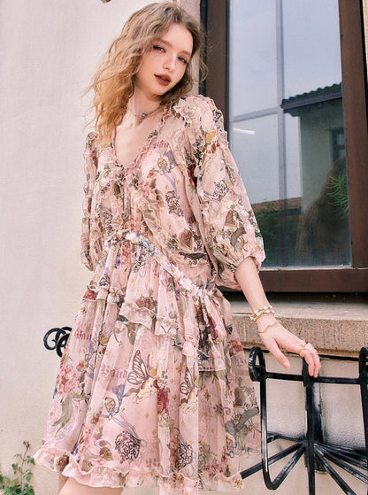 French V-Neck Floral Holiday Dress